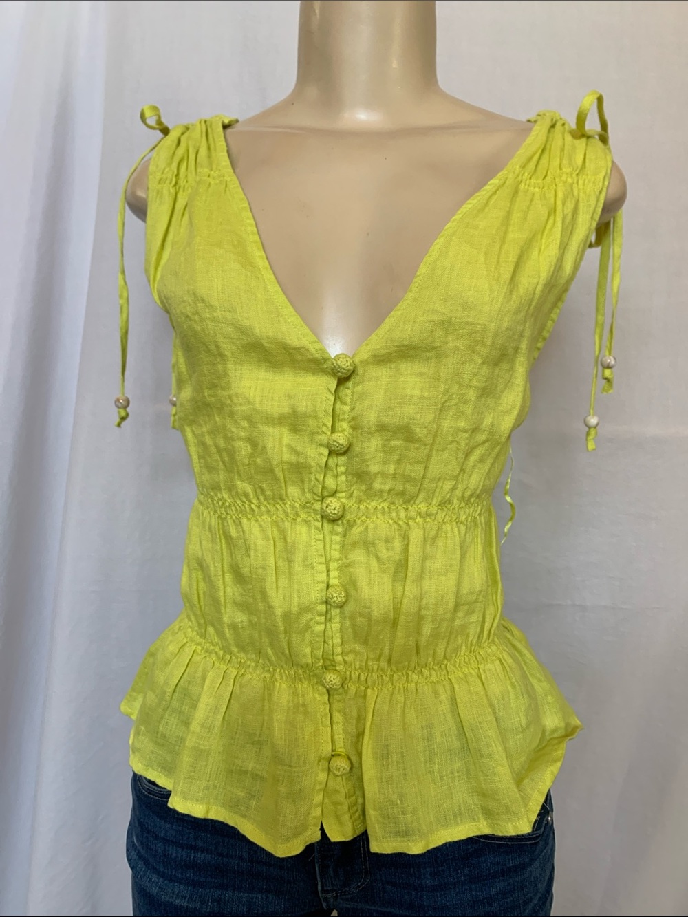 CYNTHIA ROWLEY Linen Yellow Tie-Shoulder Peplum Top V-Neck Size Medium NWOT